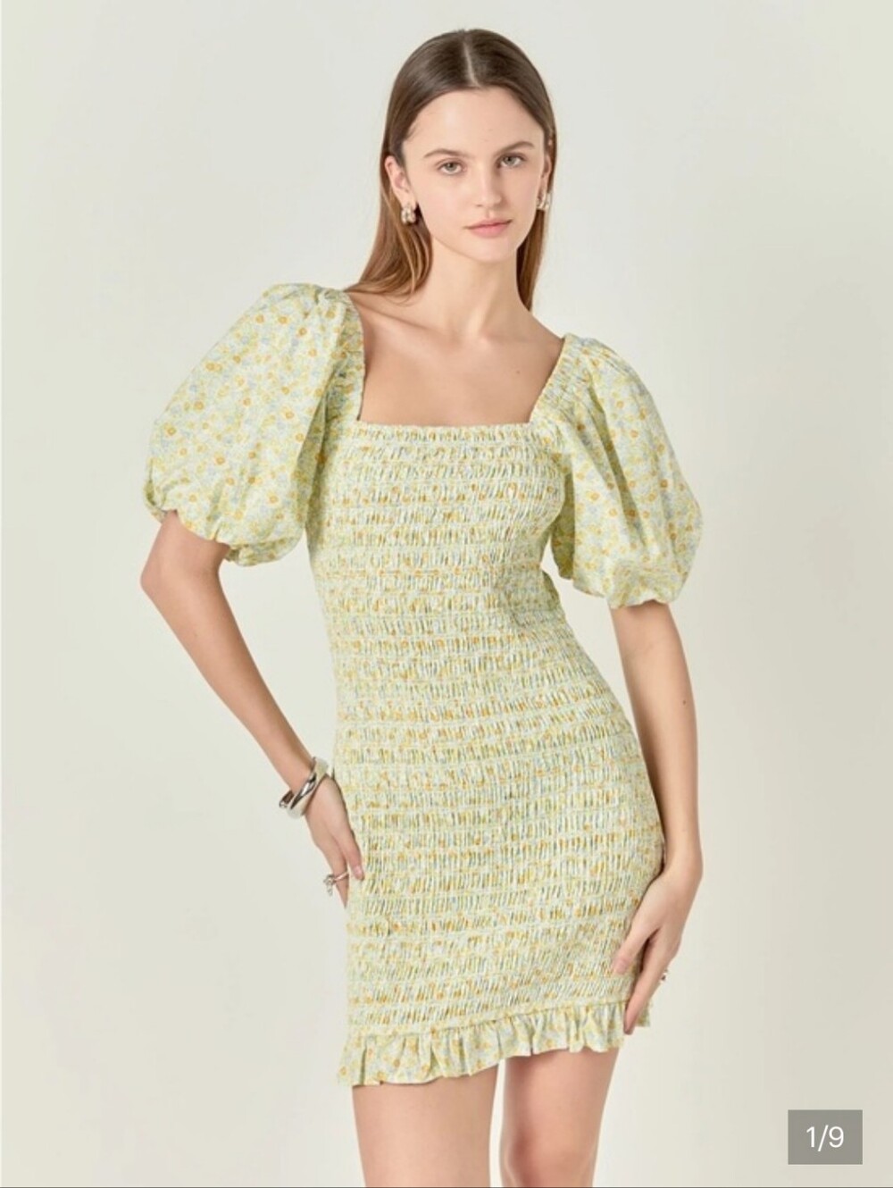 English Factory Women's Smocked Puff Slve Yellow Floral Cotton Mini Dress Sz M